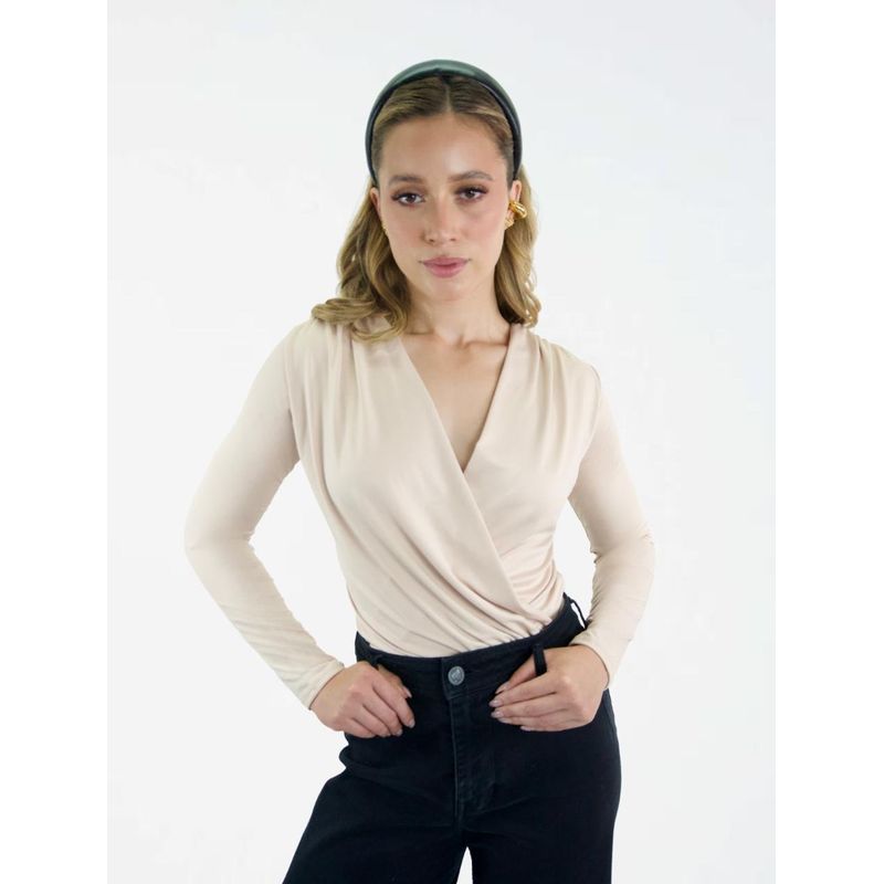 MOLGOA - Body para Mujer Nude Escote Cruzado Manga Larga - Carlotta Nude