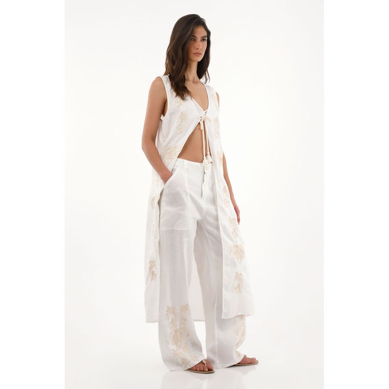 TENNIS - Pantalón Recto crudo en 100% lino para mujer