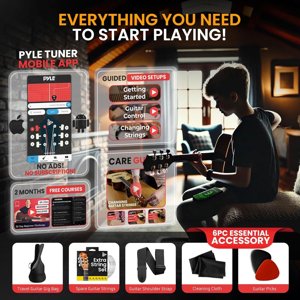 PYLE - Pyle Kit  guitarra acústica principiantes instrumento madera