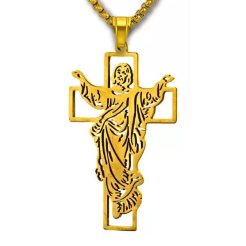 GENERICO - Collar Hombre Y Mujer Dije Cruz Mesias Jesus Acero Color Oro