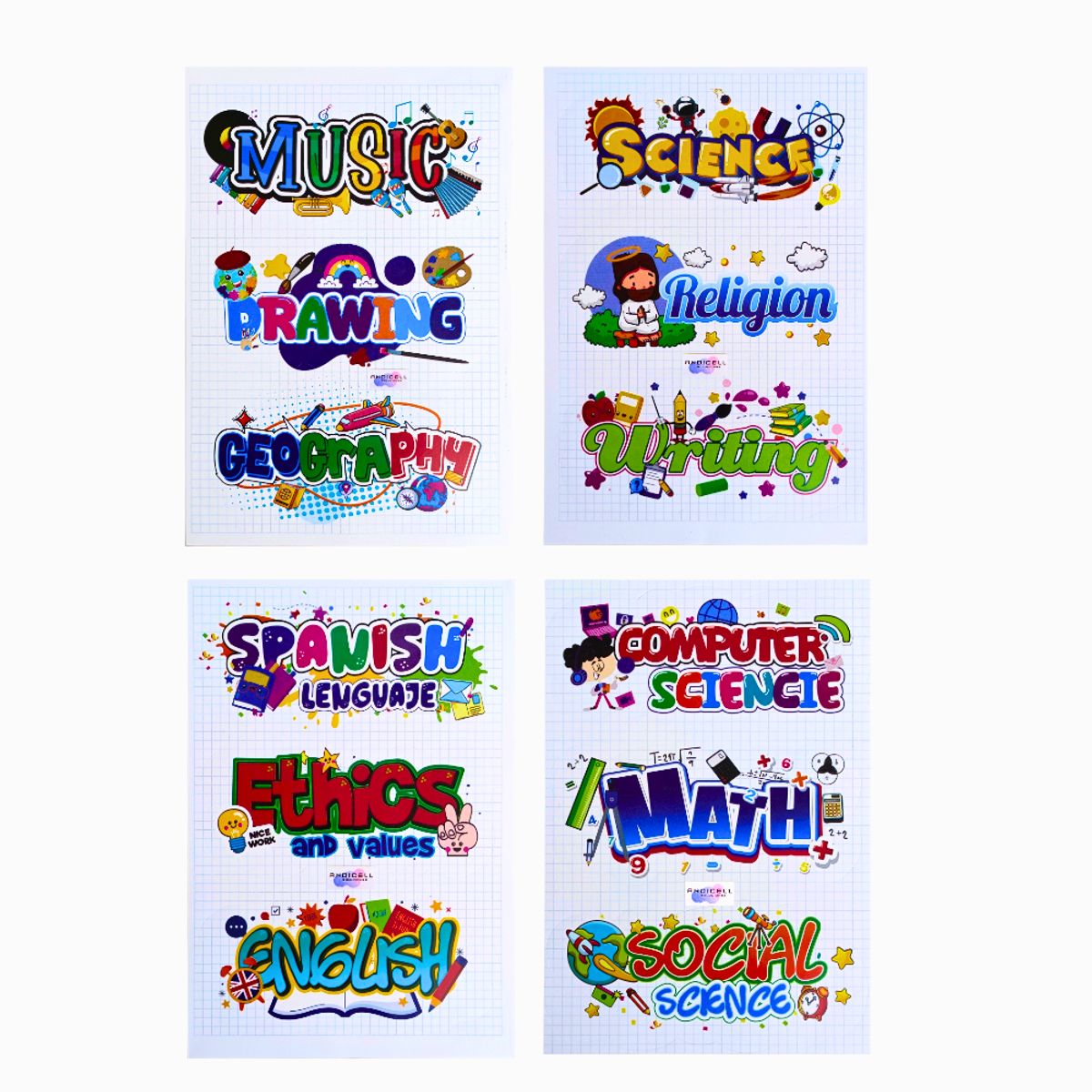 GENERICO - Stickers Materias Escolares en Inglés para Marcar Cuadernos