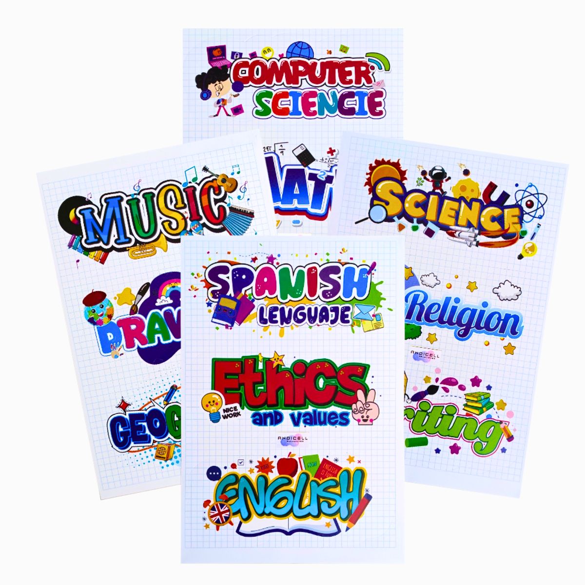 GENERICO - Set x 6 Stickers Materias en Inglés para Marcar Cuadernos