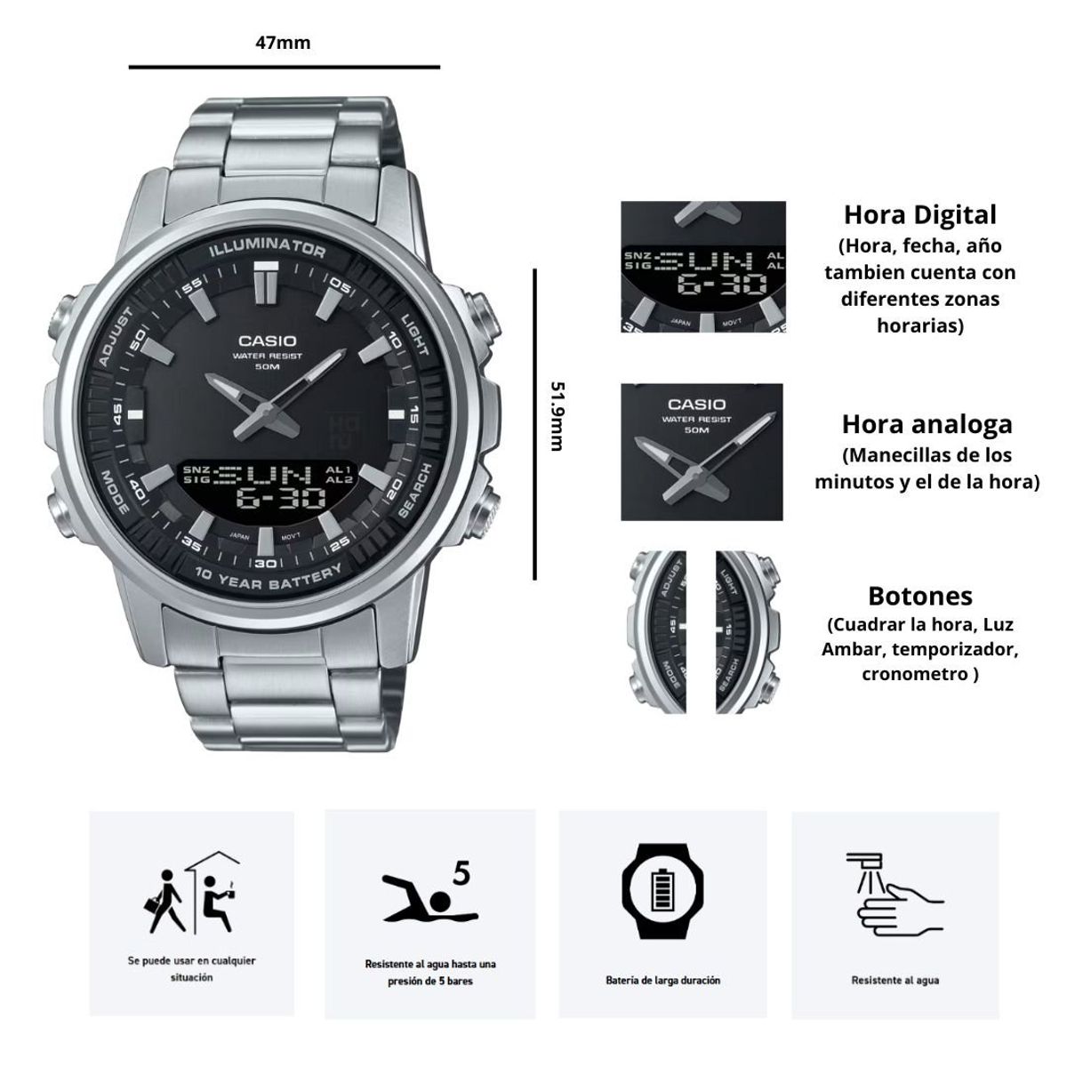 CASIO - Reloj Casio  AMW-880D-1A Análogo Digital - Elegante