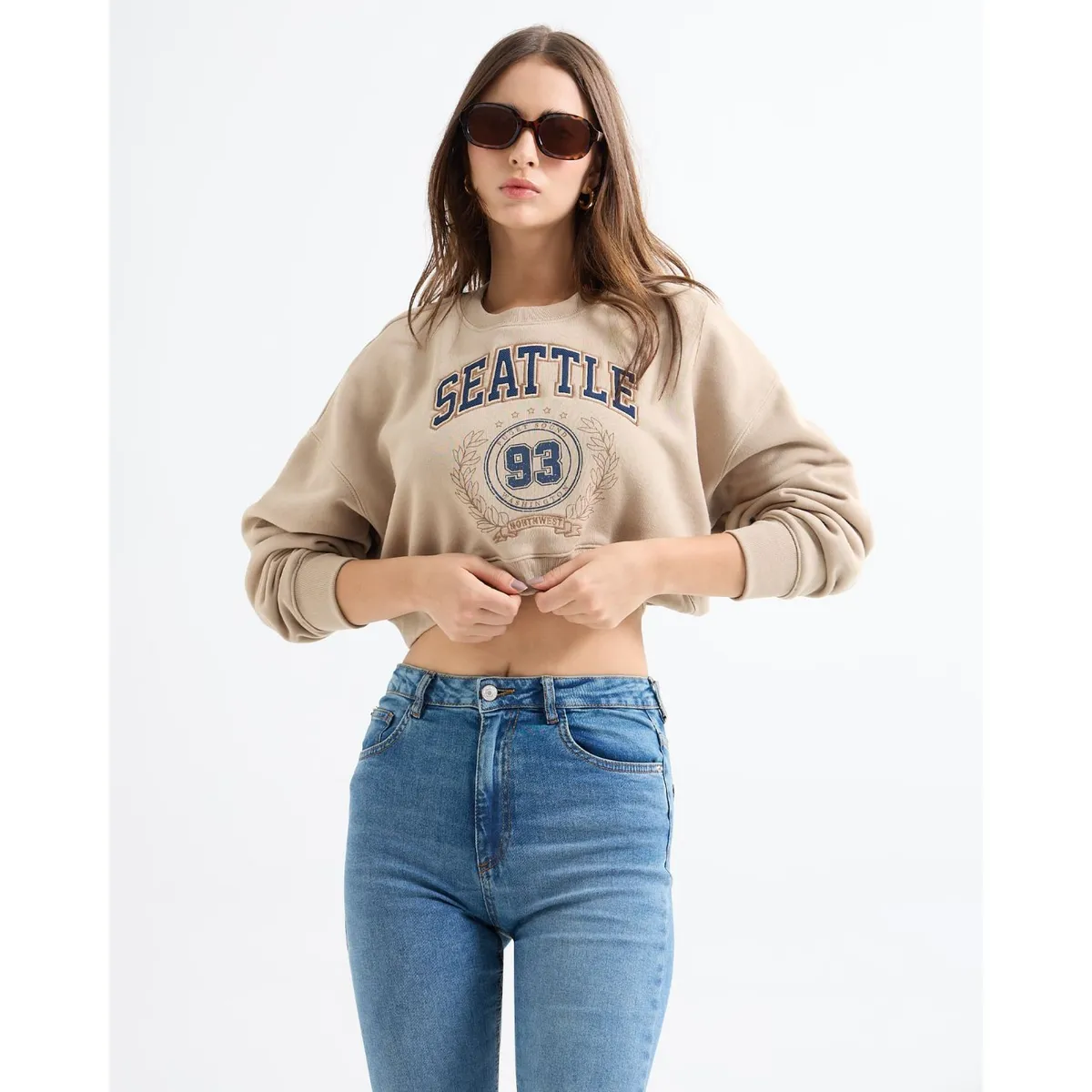 SEVEN SEVEN - Buzo Crop Bordado Seattle  Para Mujer Beige Seven Seven
