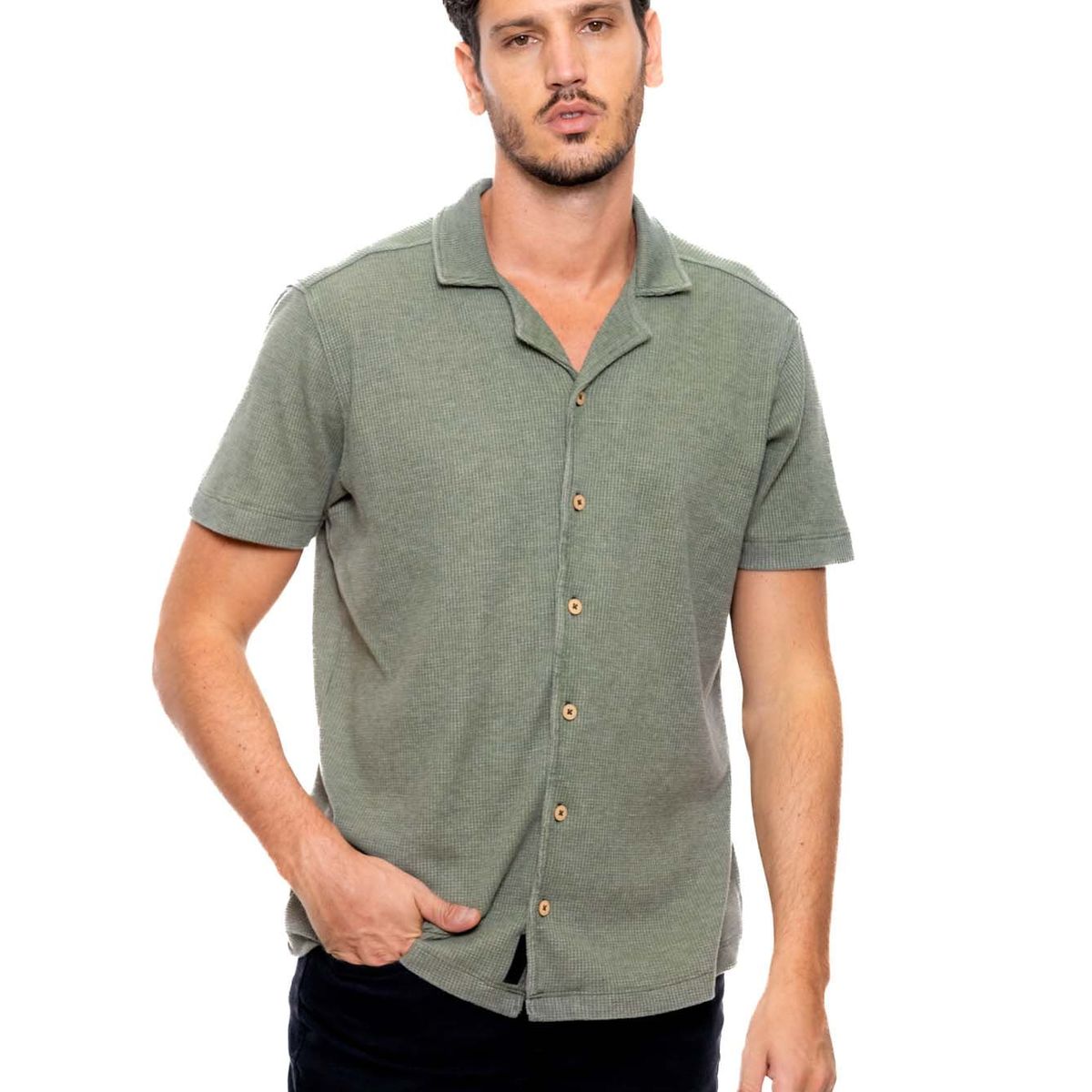 COLOR BLUE - Camisa Manga Corta Unicolor En Tela Galleta