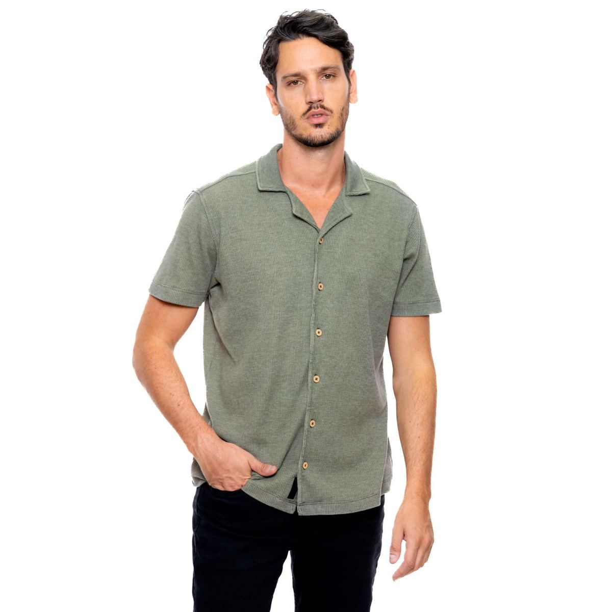 COLOR BLUE - Camisa Manga Corta Unicolor En Tela Galleta