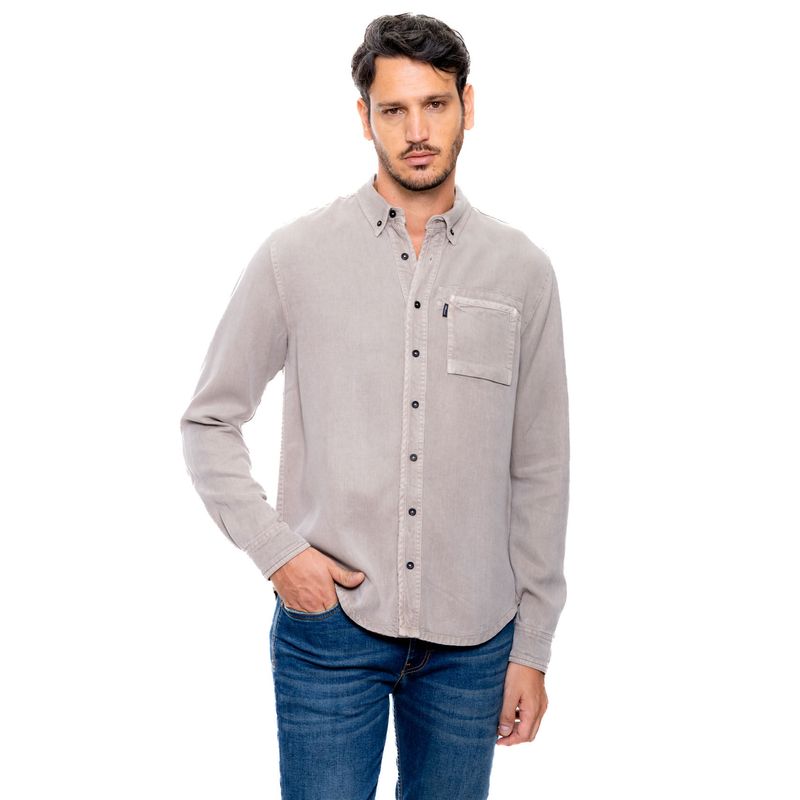 COLOR BLUE - Camisa Manga Larga Con Bolsillo En Frente
