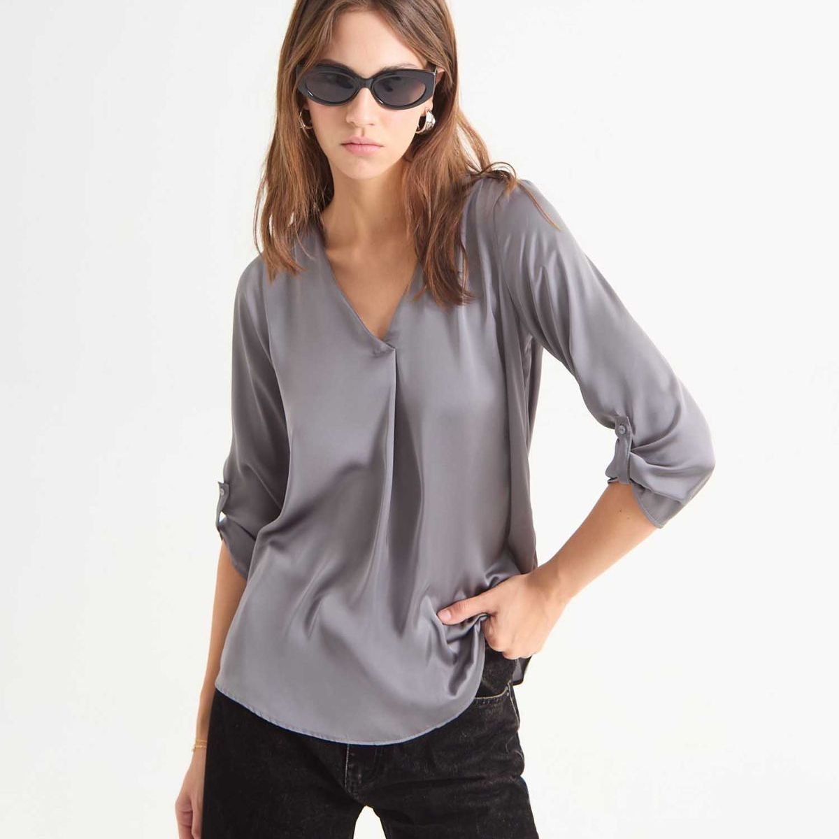 SEVEN SEVEN - Blusa Satinada Escote En V  Para Mujer Gris Seven Seven