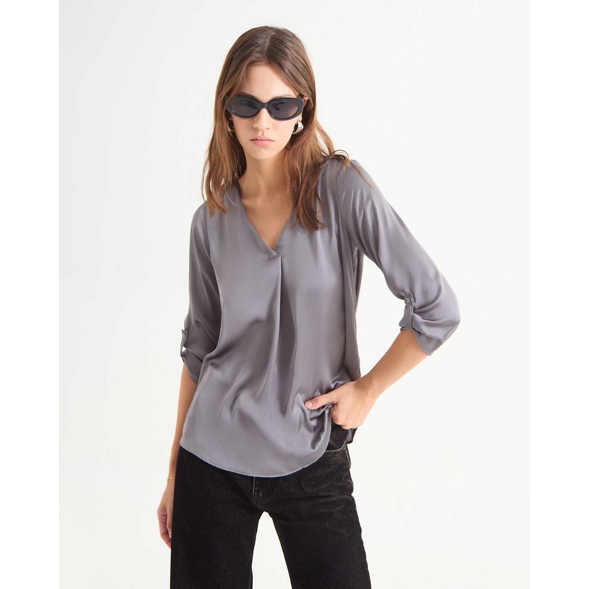 SEVEN SEVEN - Blusa Satinada Escote En V  Para Mujer Gris Seven Seven