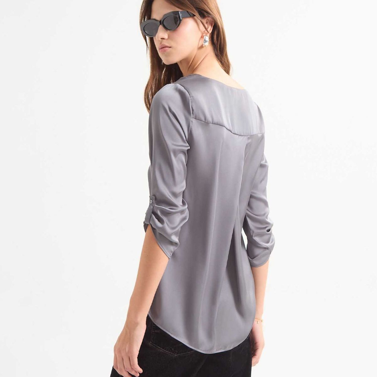 SEVEN SEVEN - Blusa Satinada Escote En V  Para Mujer Gris Seven Seven