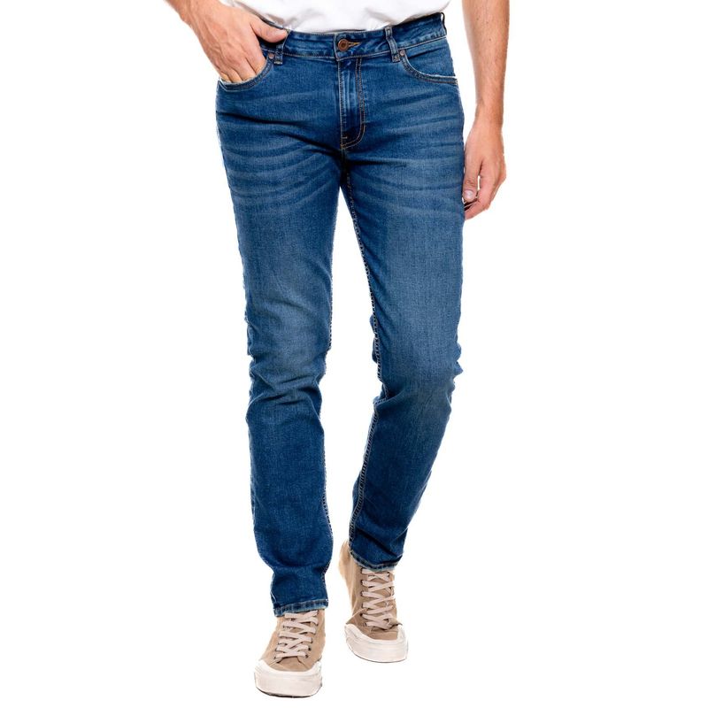 COLOR BLUE - Regular Fit Jeans Tono Medio Con Desgastes