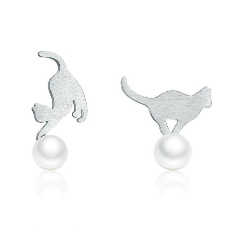 ALHAJAS - Aretes Topos Alhajas Gato Con Perlas Para Mujer En Plata 925