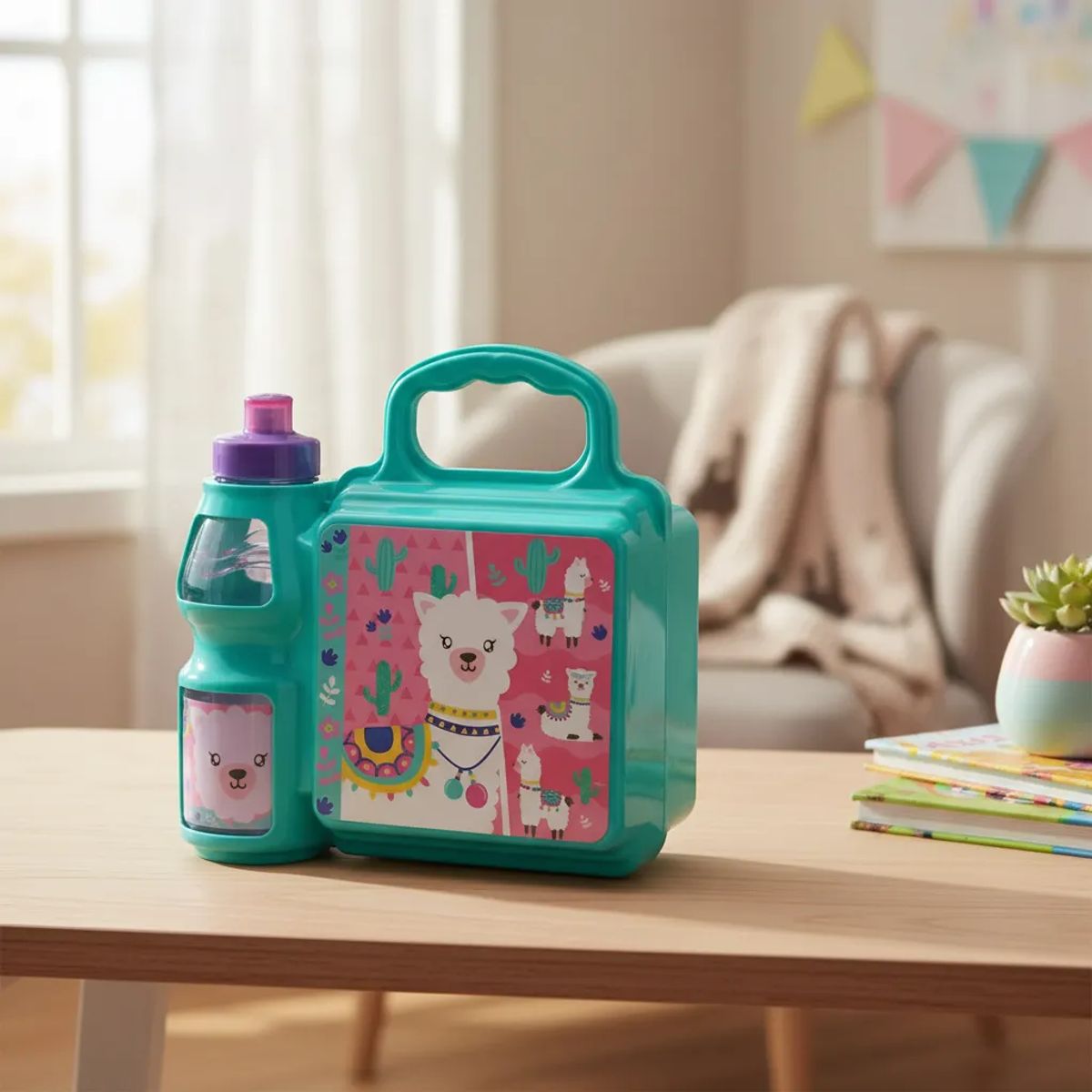JUGANDO Y EDUCANDO - Lonchera Color Celeste Diseño Llama Con Termo Para Niños