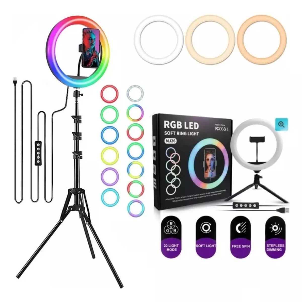 JOMA - Aro De Luz Led Rgb 30 Cm 10w Conexión Usb + Trípode De 2 Mts