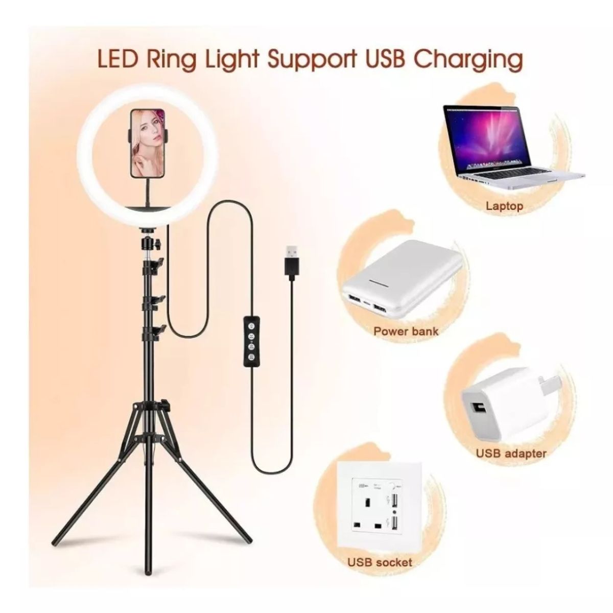 JOMA - Aro De Luz Led Rgb 30 Cm 10w Conexión Usb + Trípode De 2 Mts