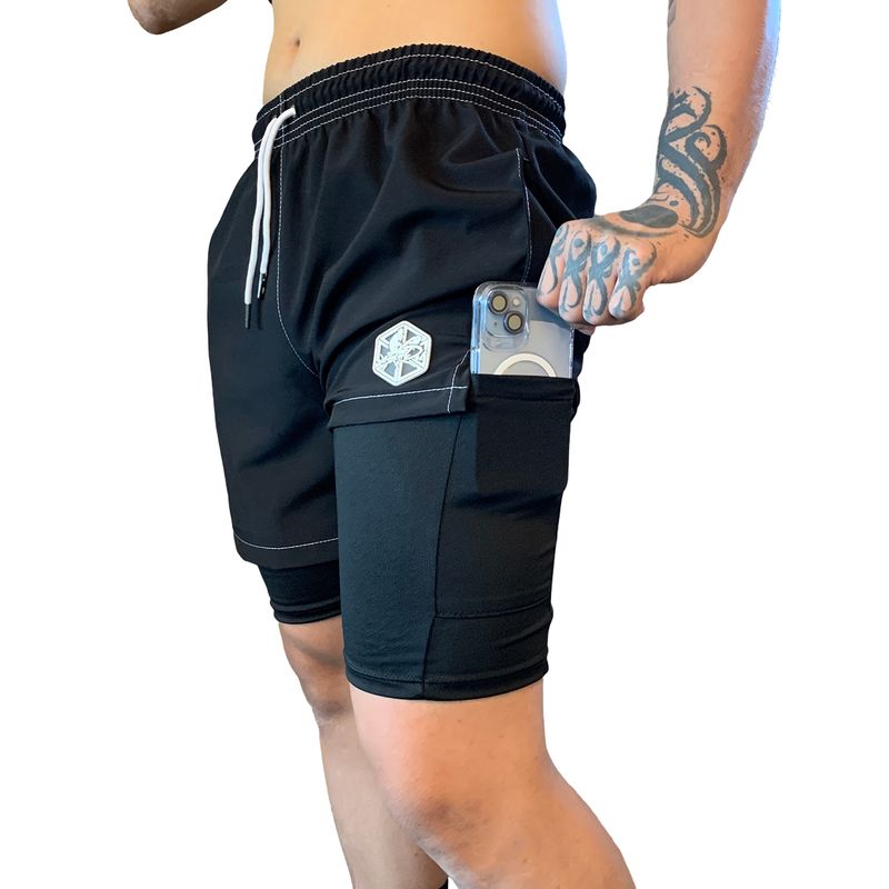 SAMDEL - Pantaloneta deportiva hombre GYM con licra Negro.