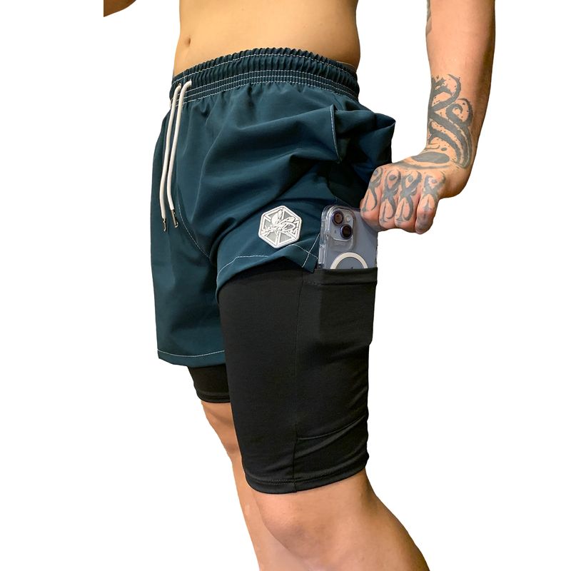 SAMDEL - Pantaloneta deportiva hombre GYM con licra Verde.