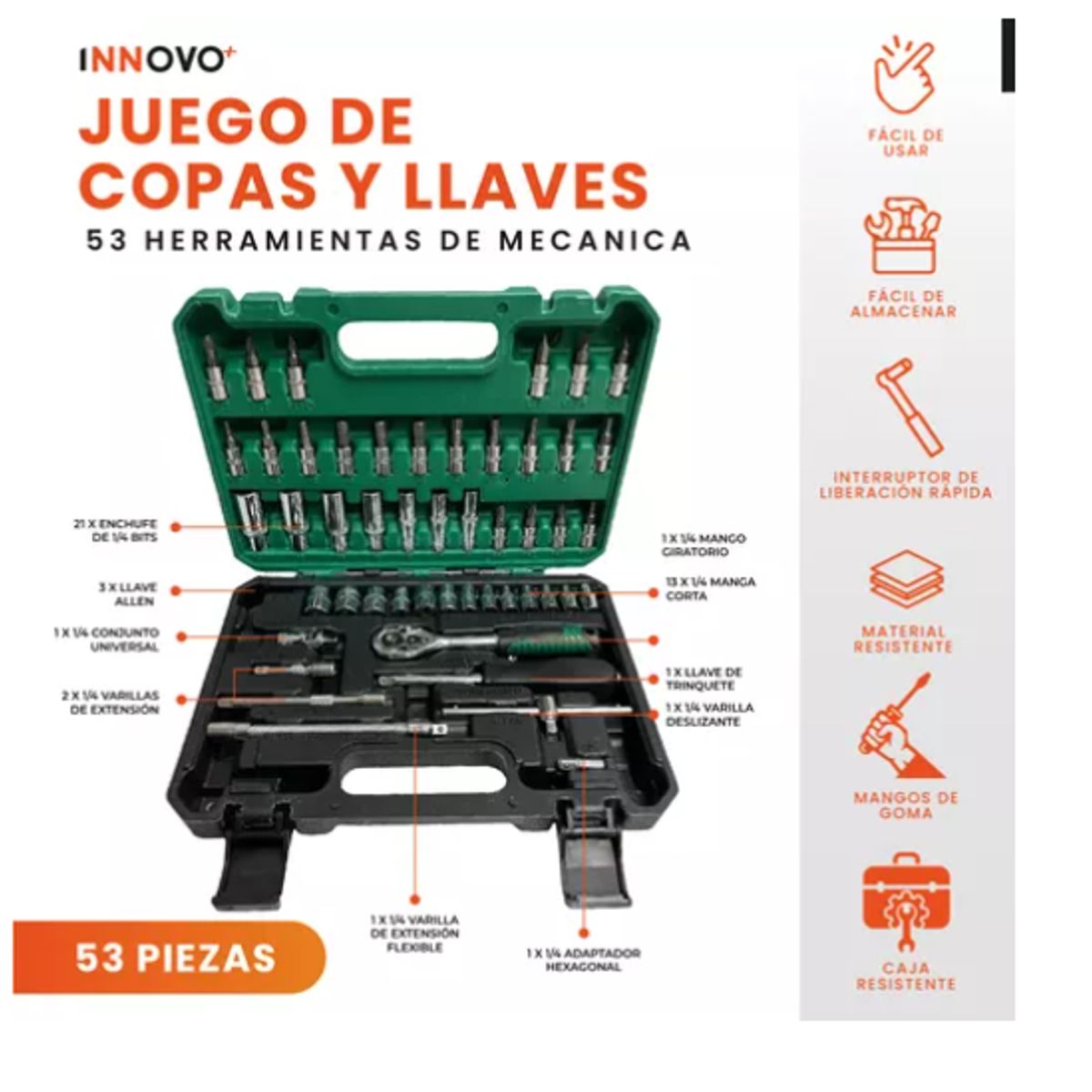 INNOVA - Juego De Rachet 53 Piezas Chrome Vanadium Con Estuche Innovo