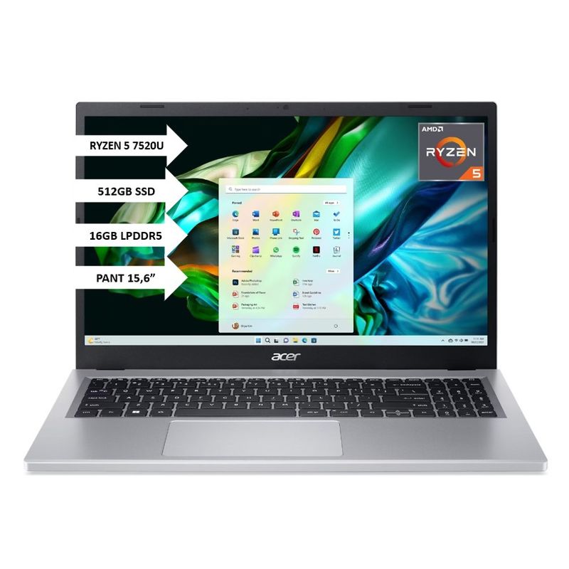 ACER - PORTATIL ACER - RYZEN 5 7520U - 16GB RAM - 512GB SSD - 15,6" - MOD: A315-24P-R7JS - COMPUTADOR