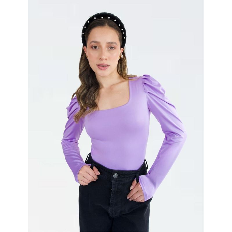 MOLGOA - Body para Mujer Escote Cuadrado Manga Bombacha - Bianco Lila