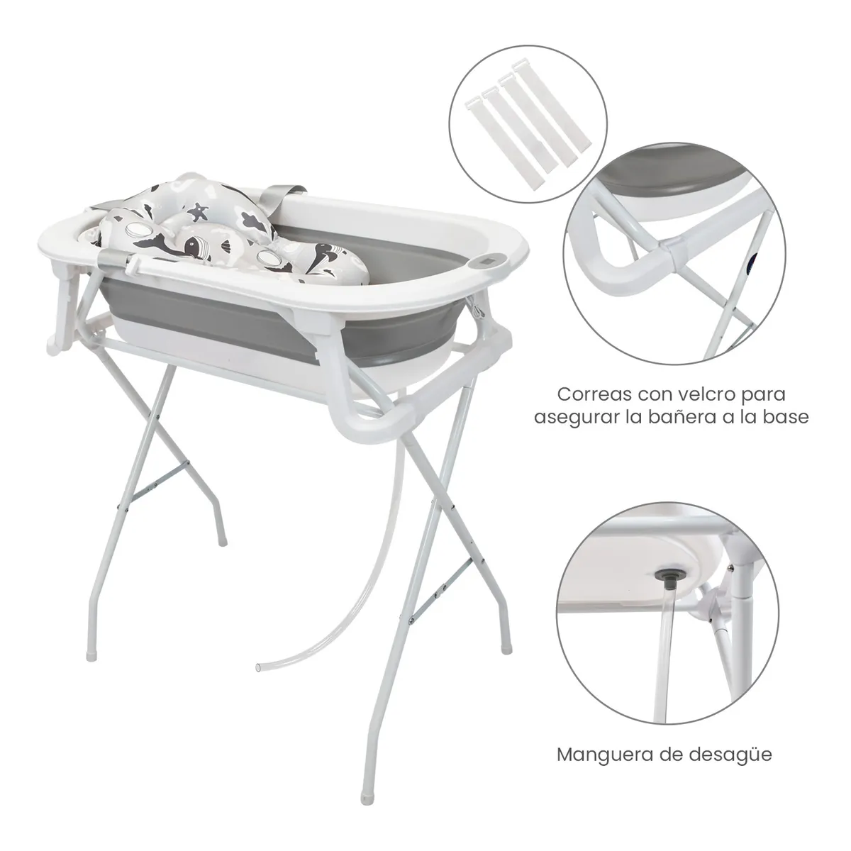 HAPPY BABY - Bañera Bebé Stand con Cojín y Soporte Metálico Gris Happy Baby