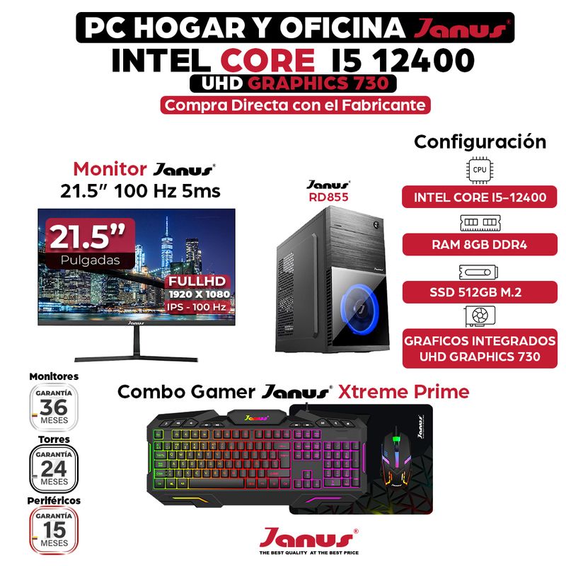 JANUS - Computador Intel Core i5-12400 RAM 8GB SSD 512GB Monitor 22 Pulgadas 100Hz
