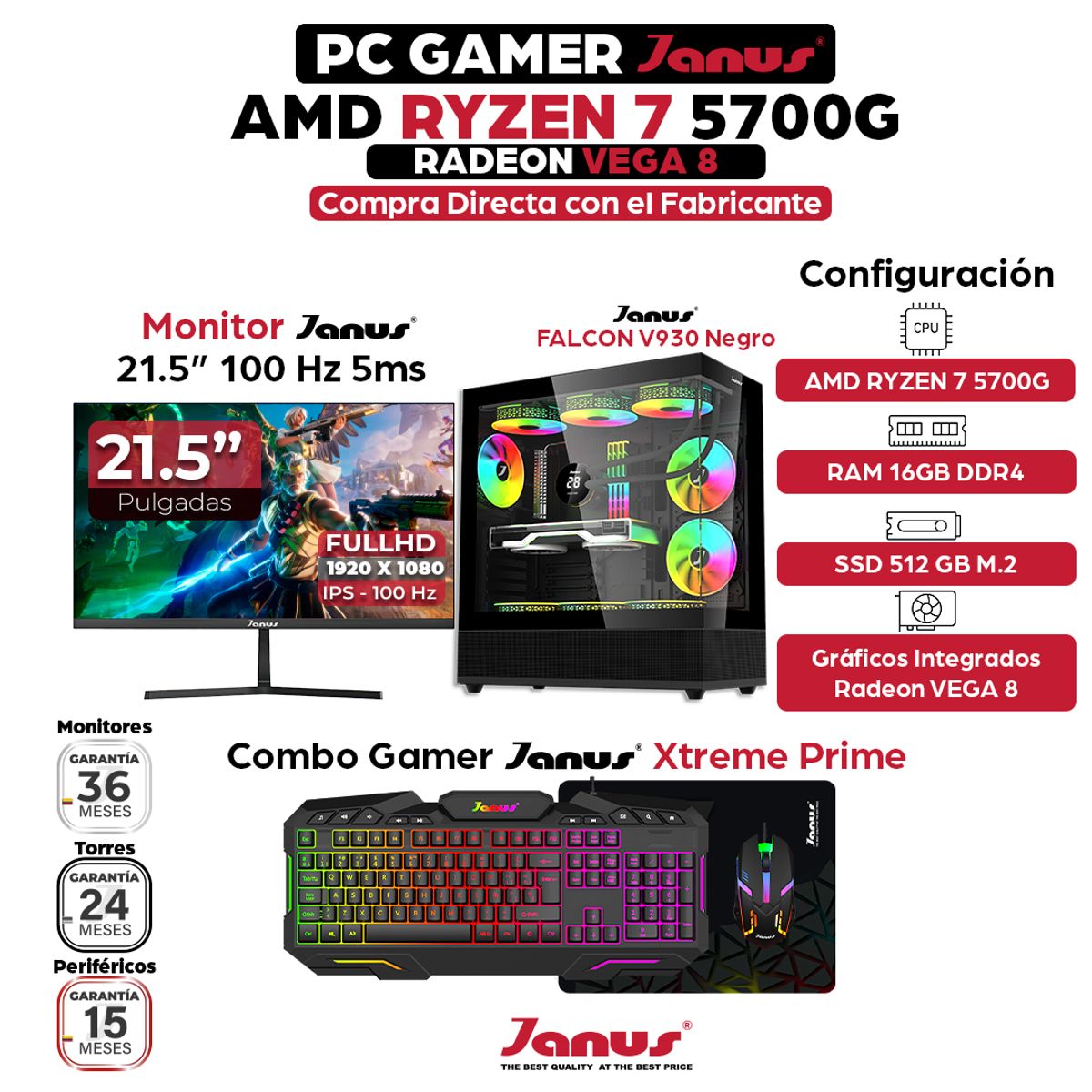 JANUS - Computador Gamer AMD Ryzen 7 5700GT RAM 16GB SSD 512GB Monitor 22 Pulgadas 100Hz