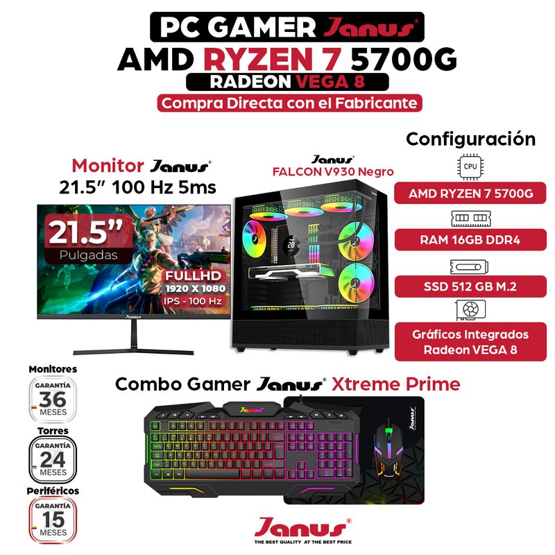 JANUS - Computador Gamer AMD Ryzen 7 5700GT RAM 16GB SSD 512GB Monitor 22 Pulgadas 100Hz