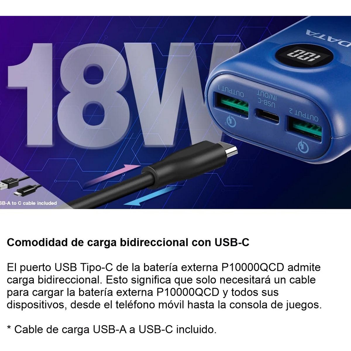 ADATA - PowerBank Adata P10000QCD 10000mAh Multi Carga Rápida USB-C Azul