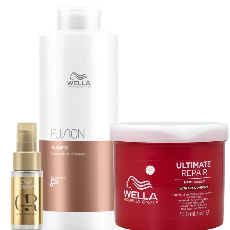 WELLA - Kit Wella Shampoo Fusion Litro + Mascarilla Ultimate Repair + Oleo