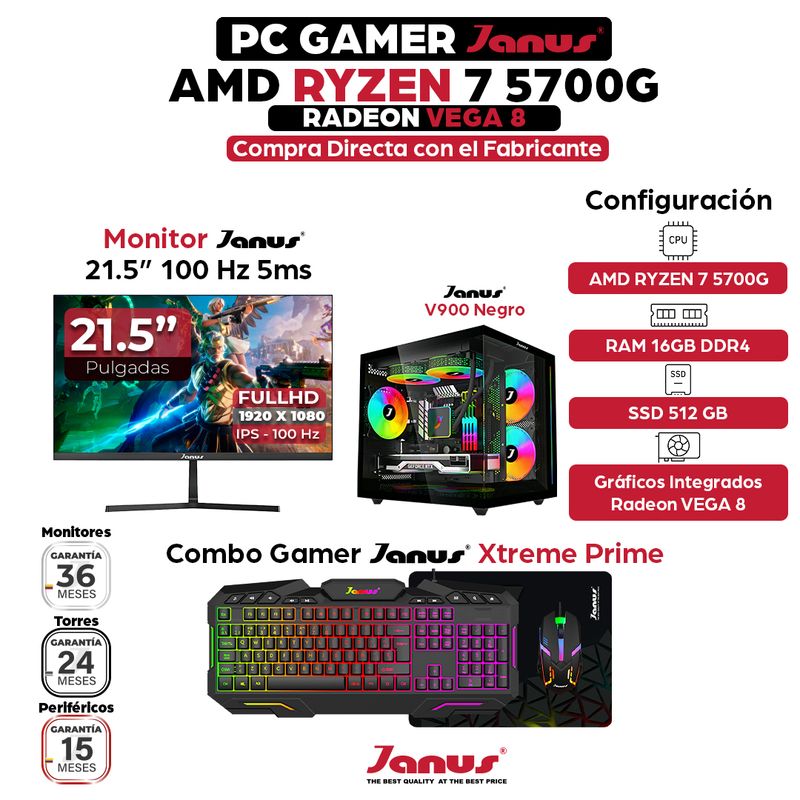 JANUS - Computador Gamer Ryzen 7 5700G RAM 16GB SSD 512GB Monitor 22 Pulgadas 100Hz