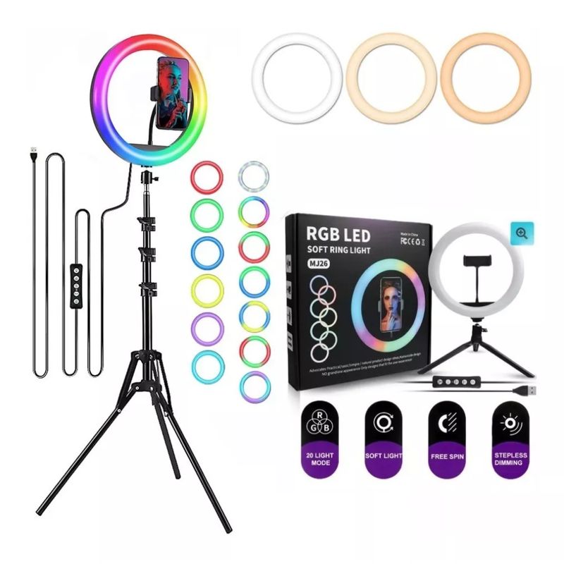 JOMA - Aro de Luz LED RGB 26 cm Conexión USB + Trípode 2 Metros