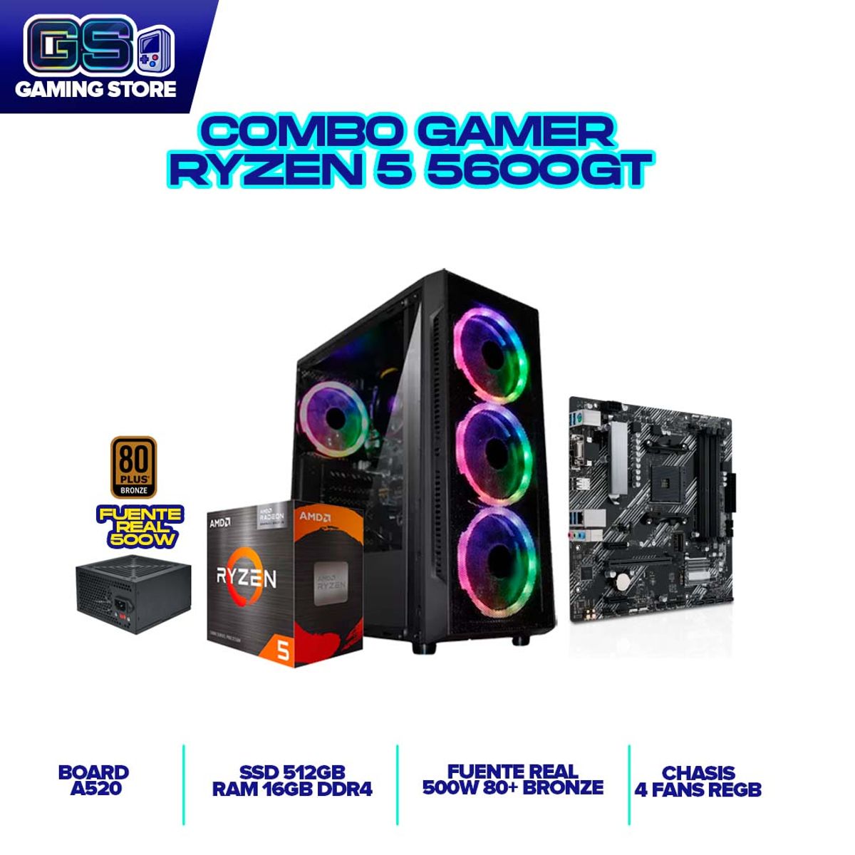 AMD - TORRE GAMER AMD RYZEN 5 5600GT RAM 16GB 512GB NVME A520 CHASIS 4 FANS RGB 500W