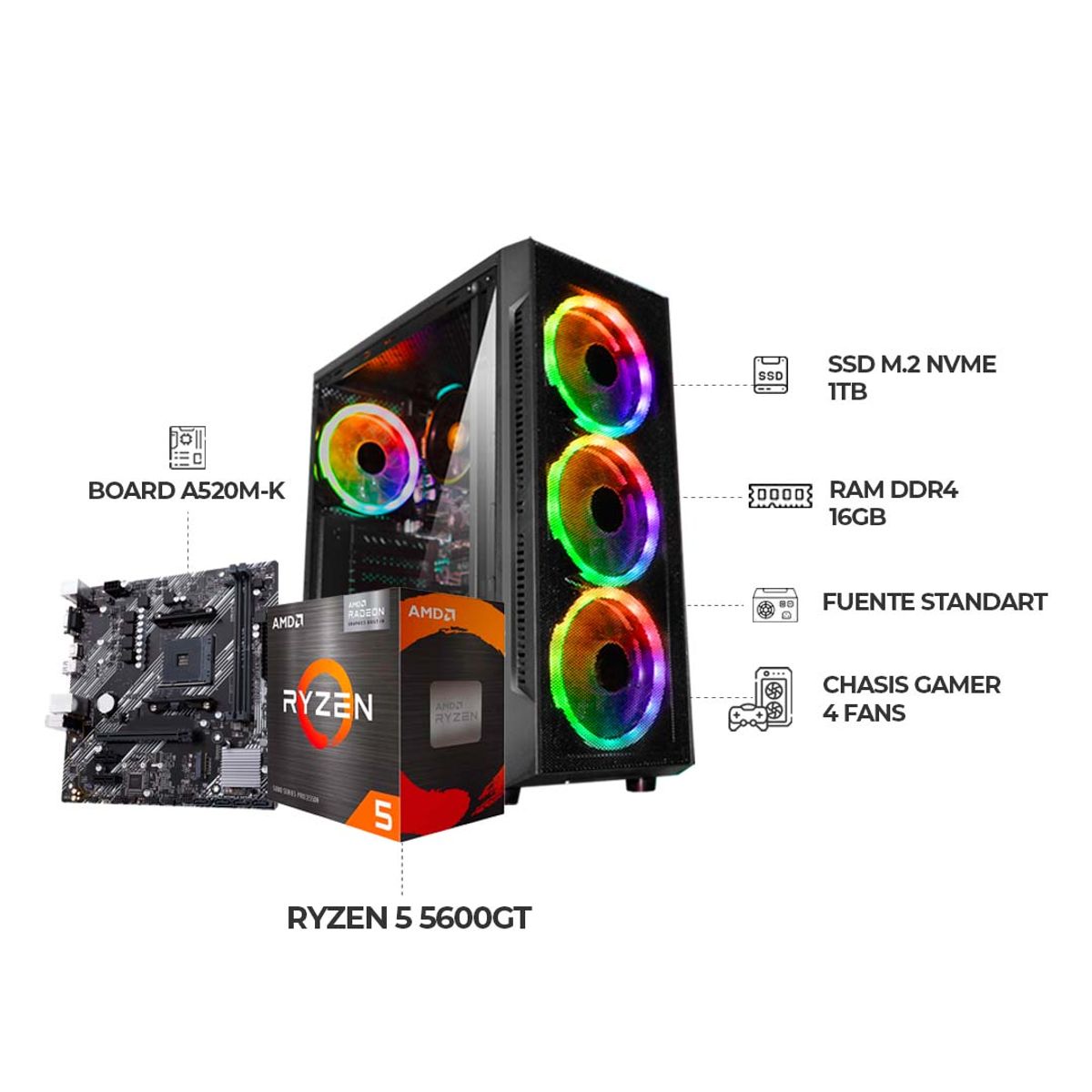 AMD - PC GAMER RYZEN 5 5600GT RAM 16GB SSD 1TB NVME A520 CHASIS 4 FANS RGB FUENTE 500W