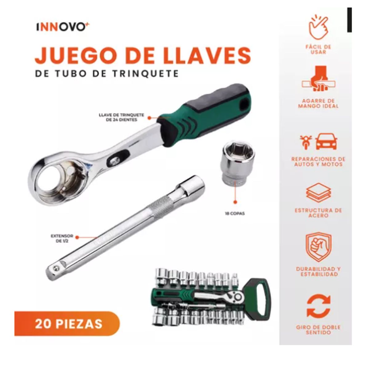 INNOVA - Juego De Herramienta Rache Con Copas Profesional Innovo
