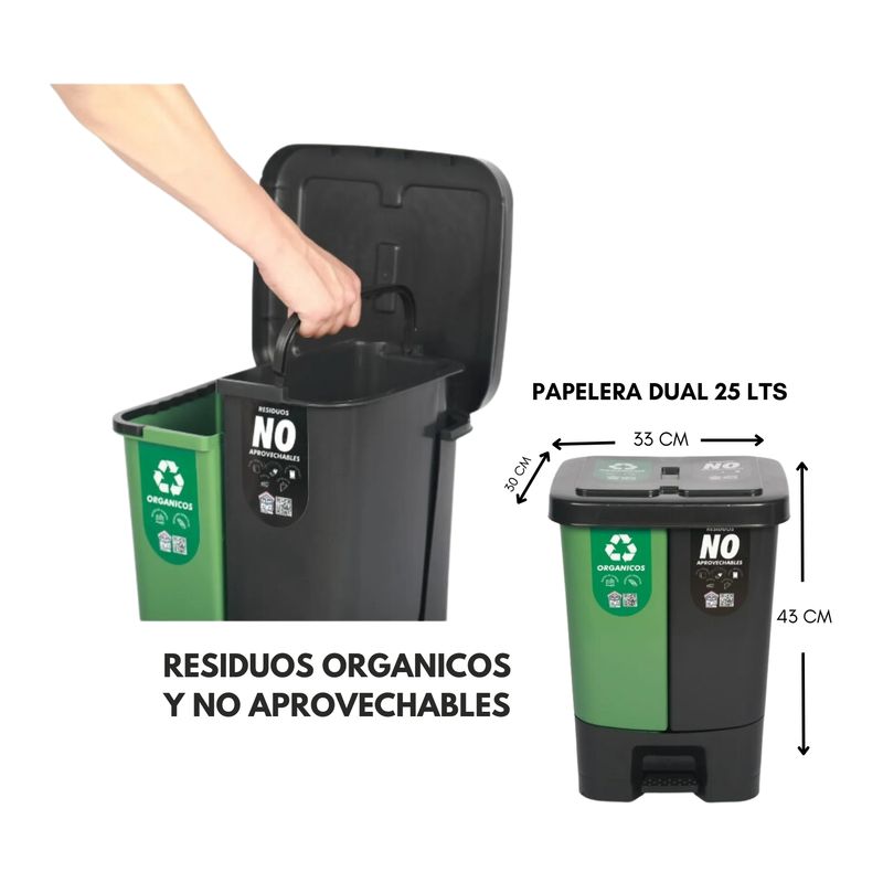BUHOGAR - Caneca Papelera Basurera Dual 25L Negra-Verde