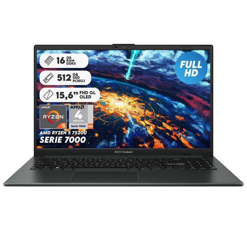 ASUS - Portátil Asus Ryzen 5 7520u Ram 16Gb Ssd 512Gb 15,6"  Oled Computador Portátil