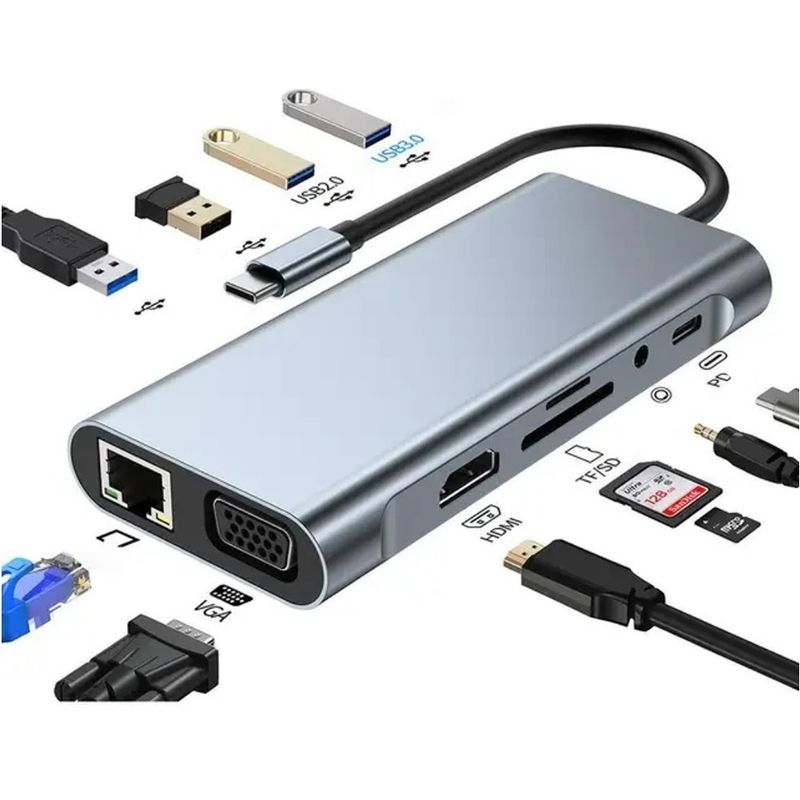 XALTA - Adaptador Hub Usb 11 En 1 De Tipo C A Hdmi Rj45 Vga Usb X 4