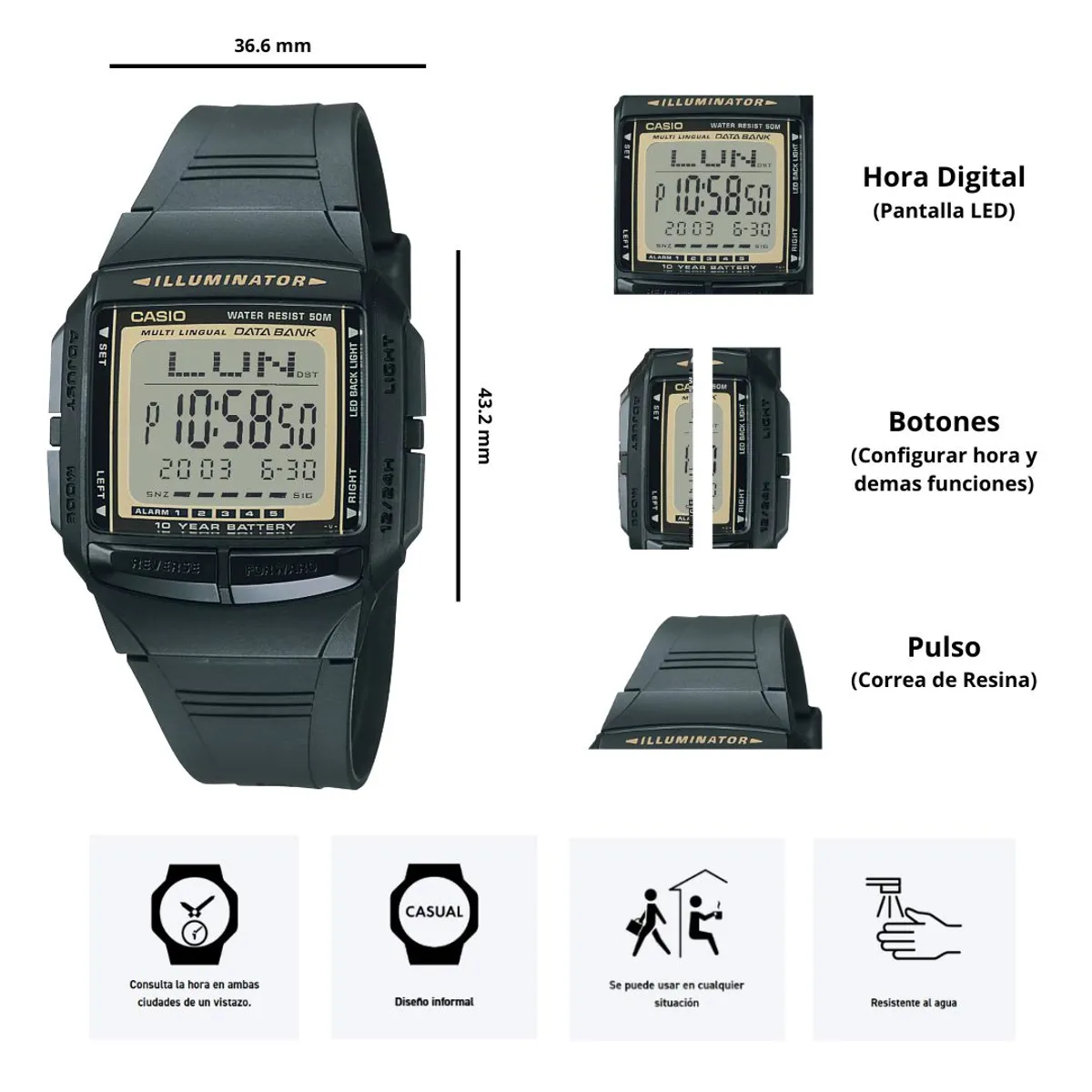 CASIO - Reloj Casio DB-36-9A Estilo Vintage