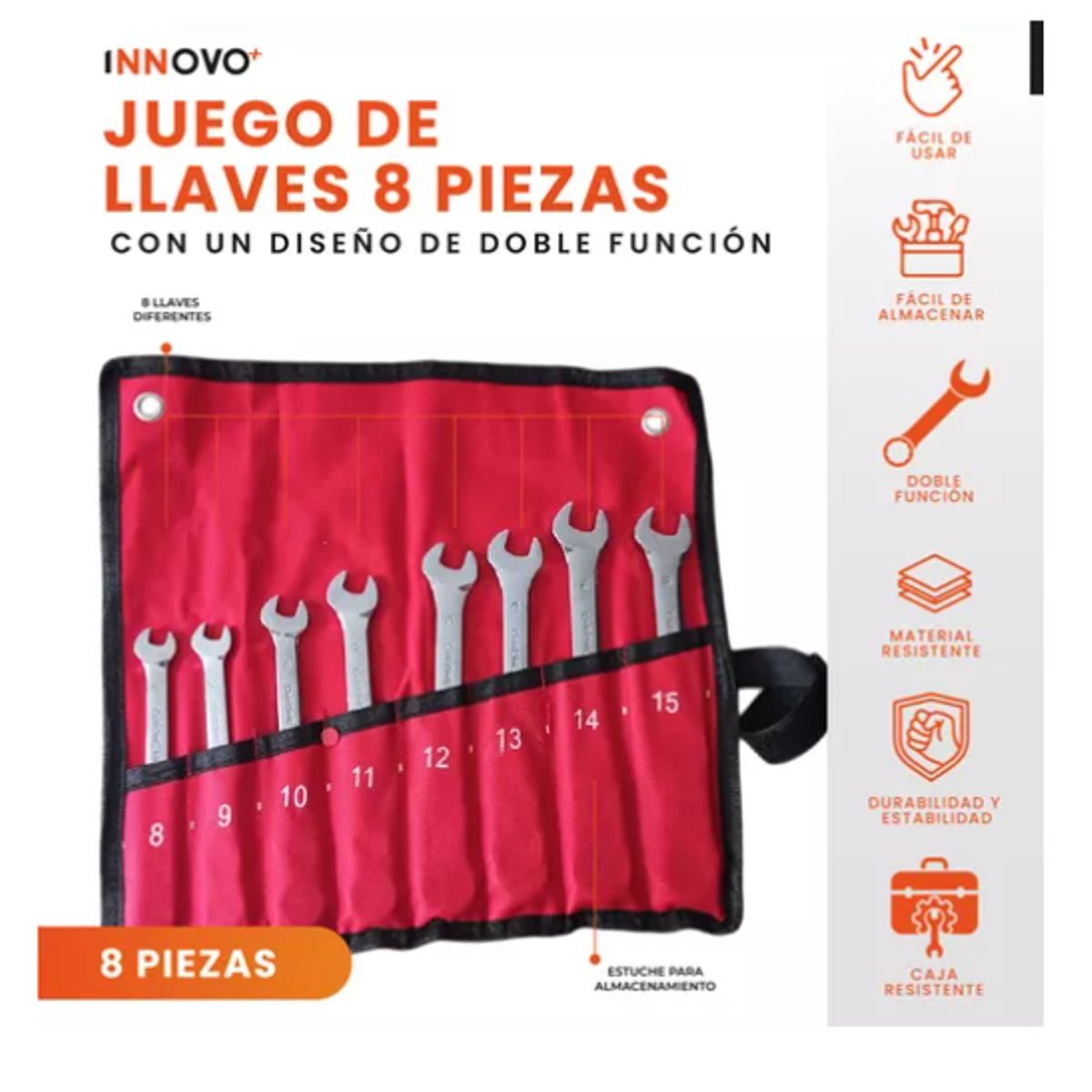 INNOVA - Juego Set Llaves Mixtas Chrome Vanadium 8 Pz Rache Estuche