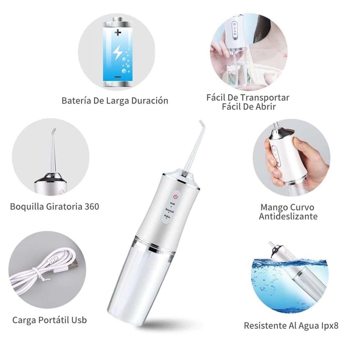 GENERAL - Irrigador Oral 4 Boquillas A8 Limpieza Dental Inalambrico Blanco