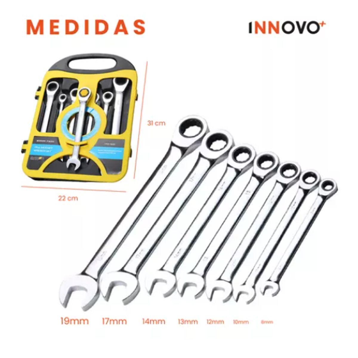 INNOVA - Juego De Llaves Mixtas Rachet Estuche 7 Pz Chrome Vanadium