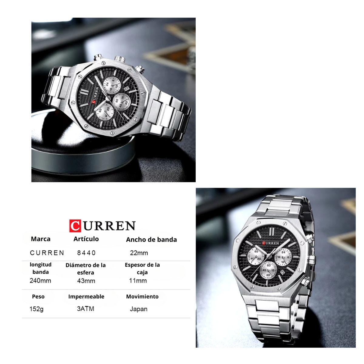 CURREN - Reloj Curren 8440 Elegante Para Caballero Plateado Tablero Negro