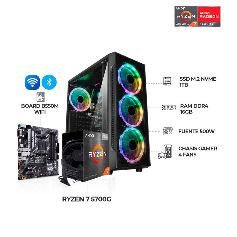 AMD - TORRE GAMER AMD RYZEN 7 5700G RAM 16GB 1TB NVME B550 WIFI CHASIS 4 FANS RGB 500W
