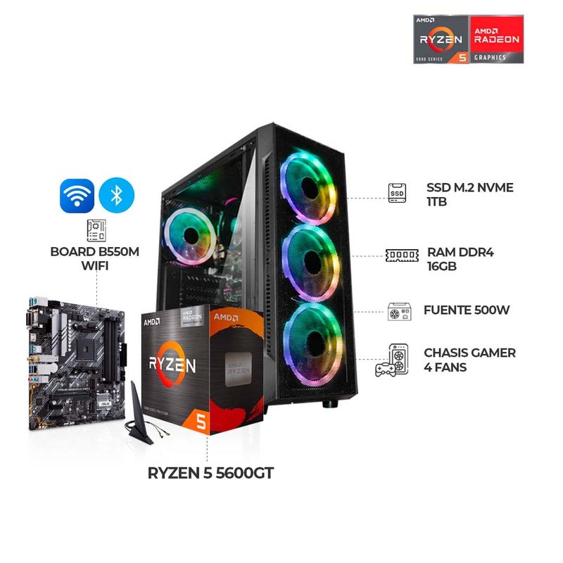 AMD - PC GAMER AMD RYZEN 5 5600GT RAM 16GB SSD 1TB NVME B550 WIFI CHASIS 4 FANS 500W