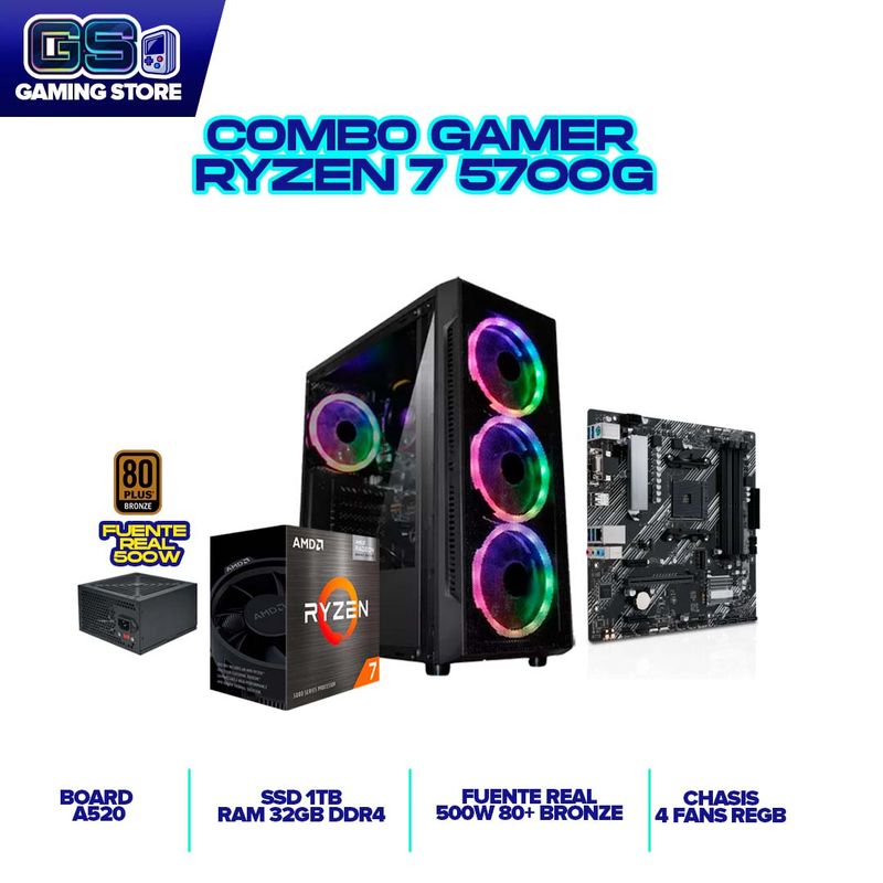 AMD - TORRE GAMER AMD RYZEN 7 5700G RAM 32GB 1TB NVME A520 CHASIS 4 FANS RGB 600W 80+