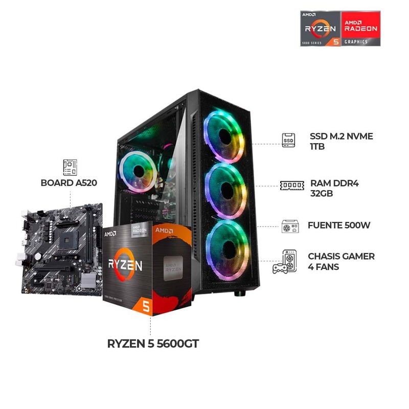 AMD - TORRE GAMER AMD RYZEN 5 5600GT RAM 32GB 1TB NVME A520 CHASIS 4 FANS RGB 500W