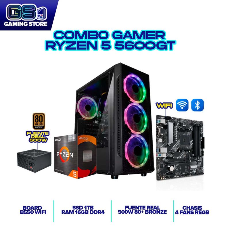 AMD - PC TORRE GAMER AMD RYZEN 5 5600GT 16GB 1TB NVME B550 WIFI CHASIS 4 FANS RGB 500W