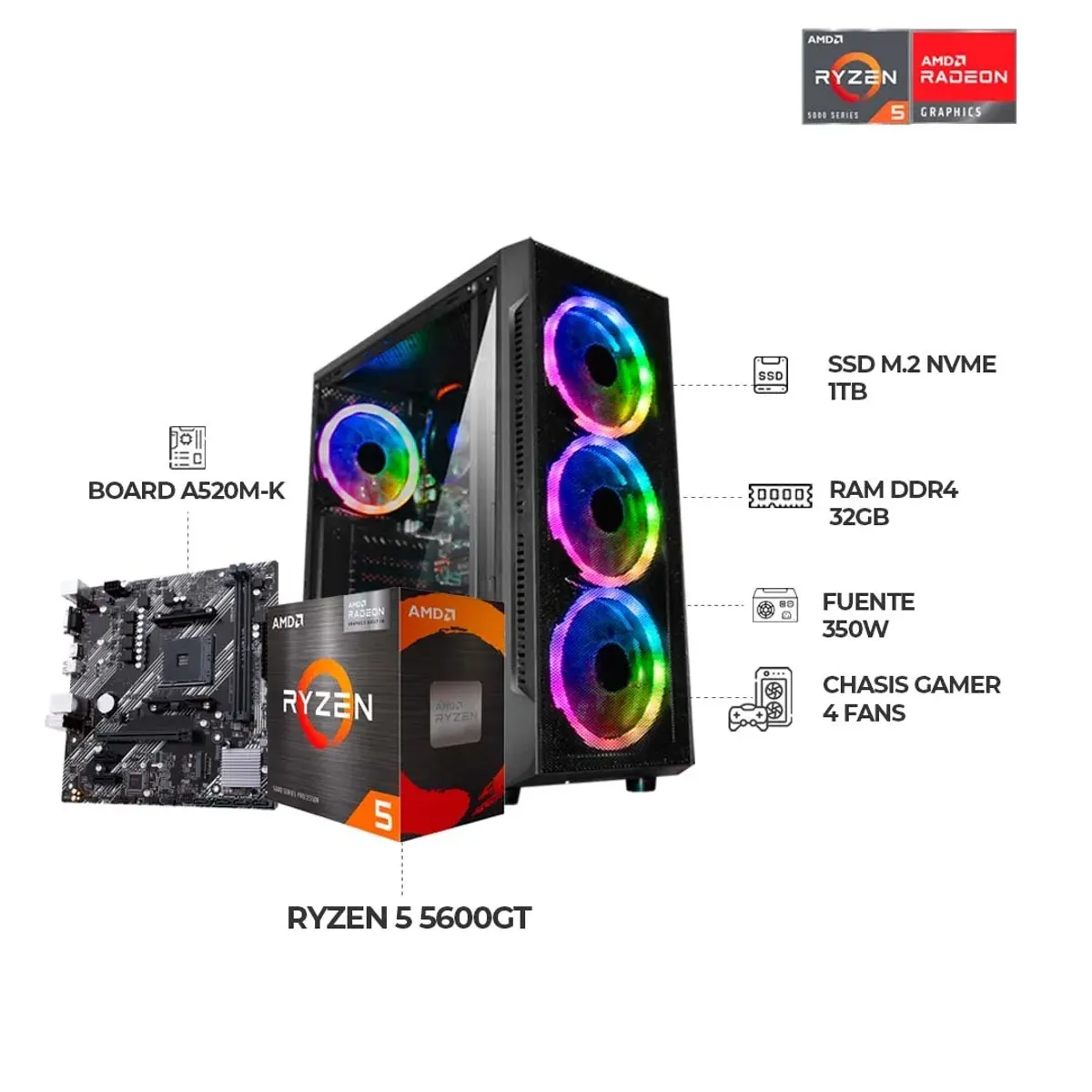 AMD - PC GAMER RYZEN 5 5600GT | RAM 32GB DDR4 - SSD 1TB M.2 NMVE | CHASIS 4 FANS RGB | FUENTE 500W