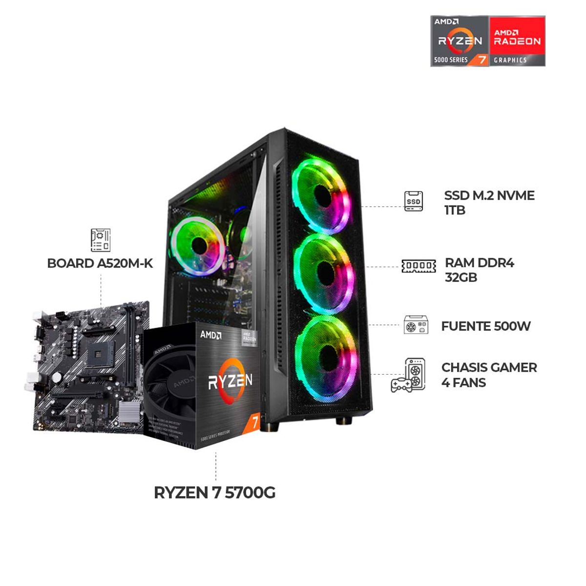 AMD - COMPUTADOR GAMER RYZEN 7 5700G - RAM 32GB DUAL CHANNEL - SSD 1TB M.2 - CHASIS 4 FANS RGB - 500W